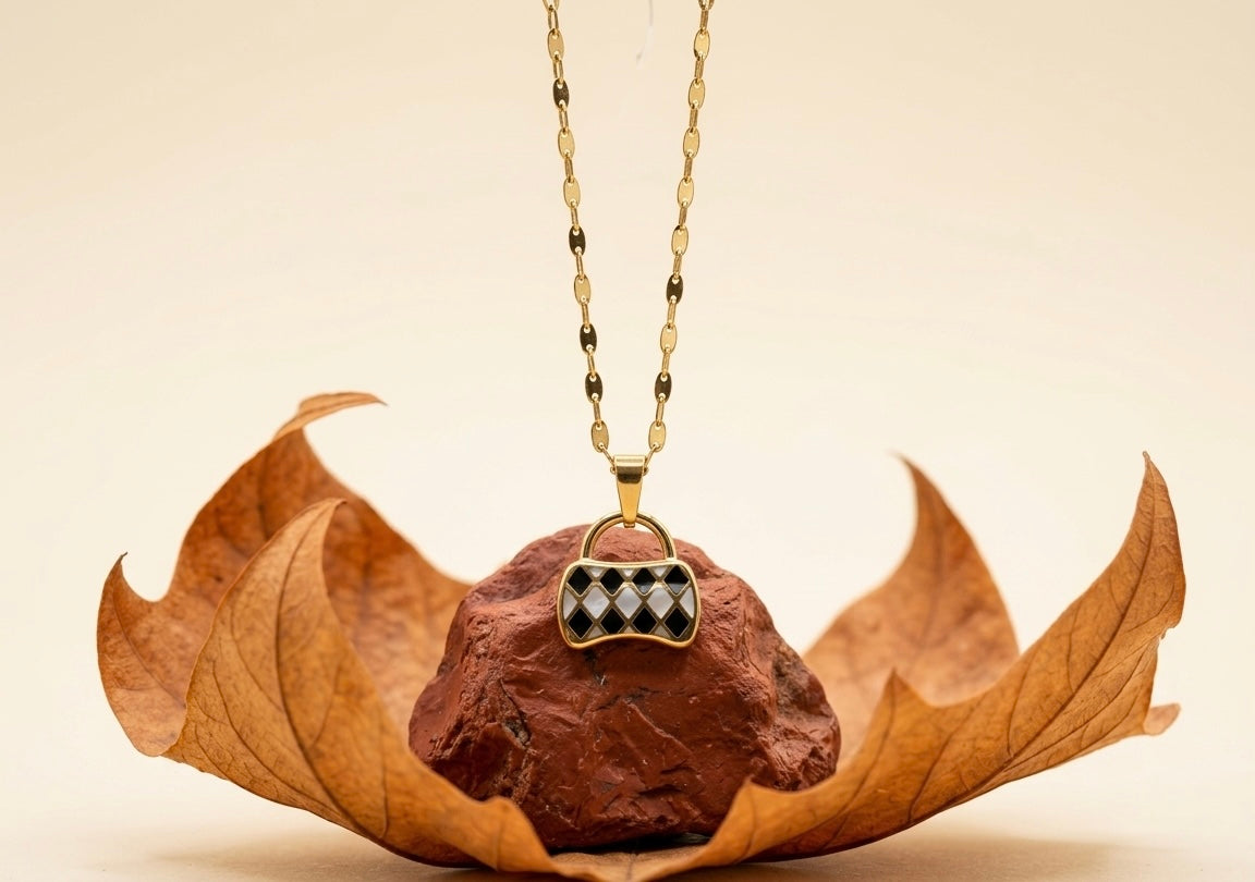 18K Gold Plated Mini Handbag Pendant Necklace | Checkered Enamel Purse Charm on Gold Chain