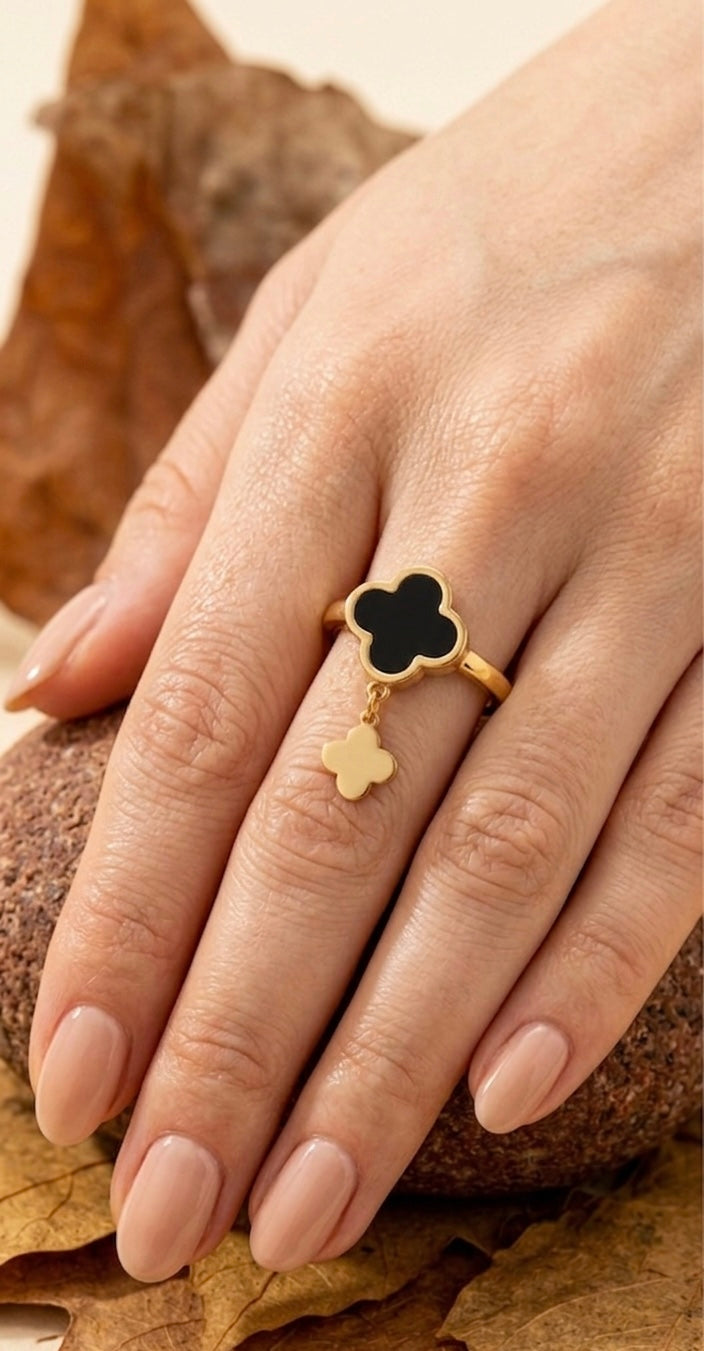 Elegant 18K Gold Plated Black Clover Dangle Ring | Van Cleef Inspired Alhambra Style Charm Ring | Waterproof Stainless Steel Floral Jewelry for Women