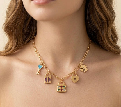 18k Gold Plated Vintage Lock & Key Charm Necklace