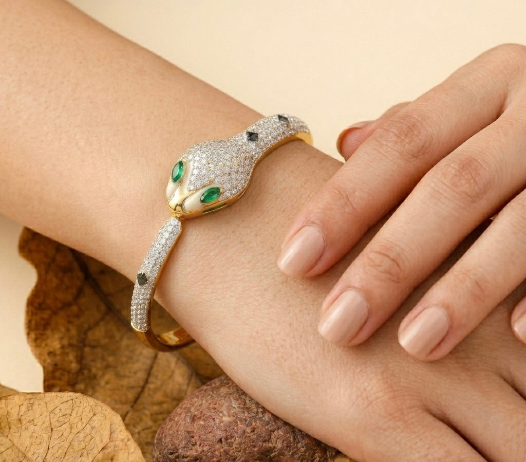 Luxury Crystal Serpent Bangle – Tarnish-Free Gold Stainless Steel Snake Bracelet