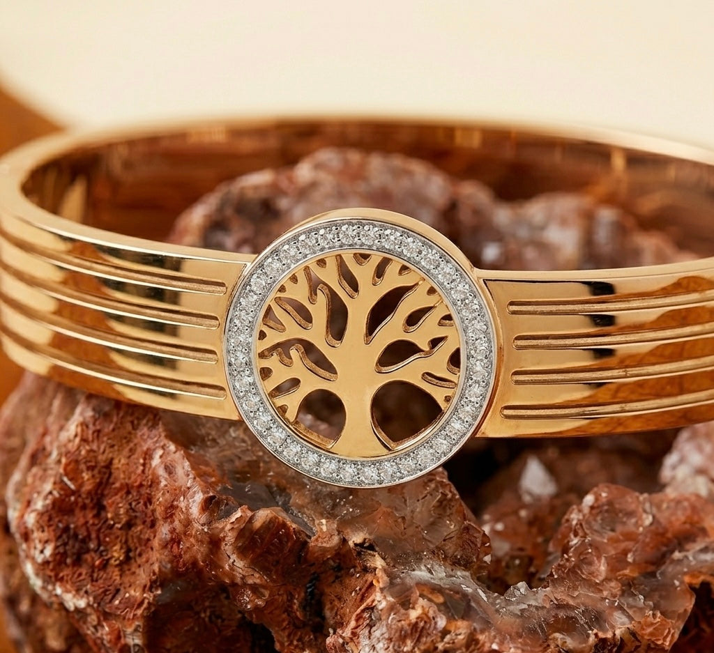 Luxury Tree of Life Gold Bangle – Tarnish-Free Stainless Steel Crystal Bracelet