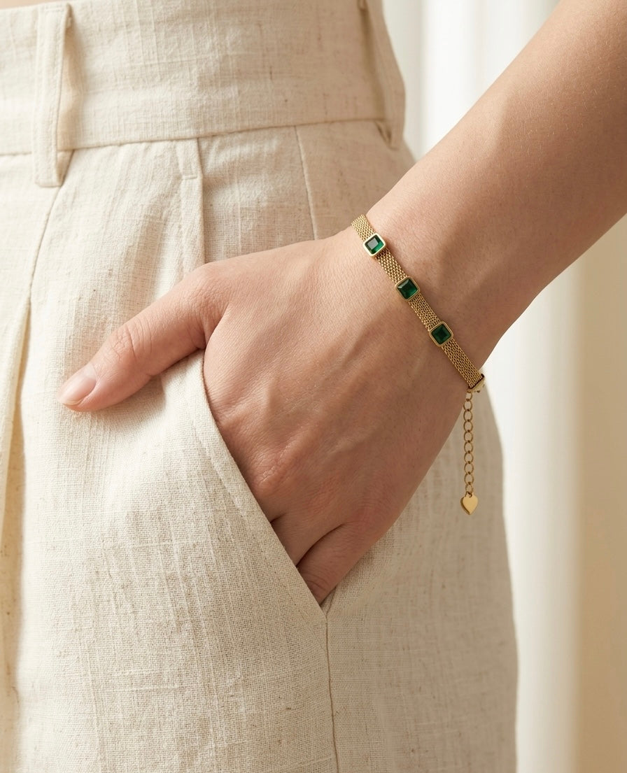 18k Gold Plated Emerald Green Mesh Chain Bracelet