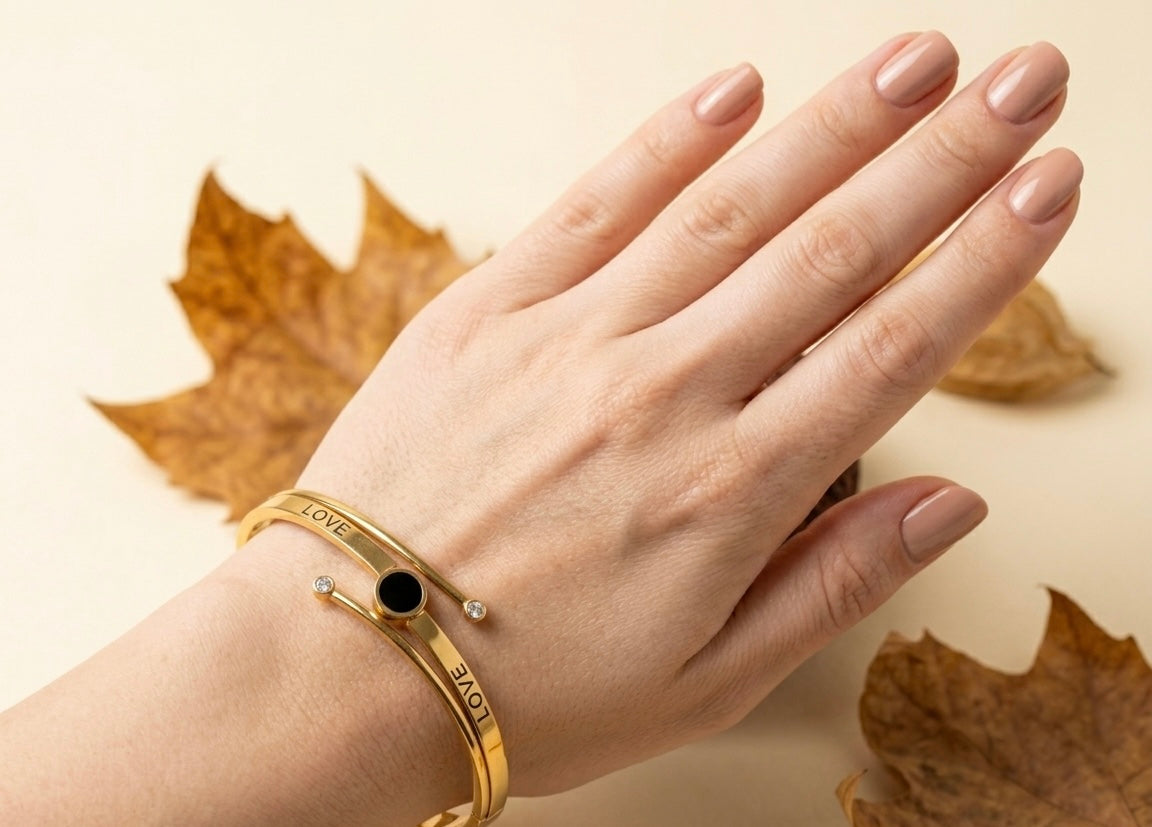 Gold "LOVE" Bypass Bangle – Tarnish-Free Stainless Steel Luxury Inscribed Bracelet