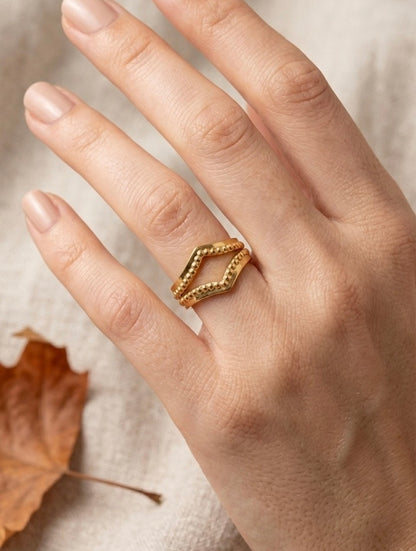18K Gold Plated Double Band Cage Ring - Minimalist Hollow Geometric Ring - Wide Parallel Bar Statement Ring - Adjustable Gold Fashion Ring