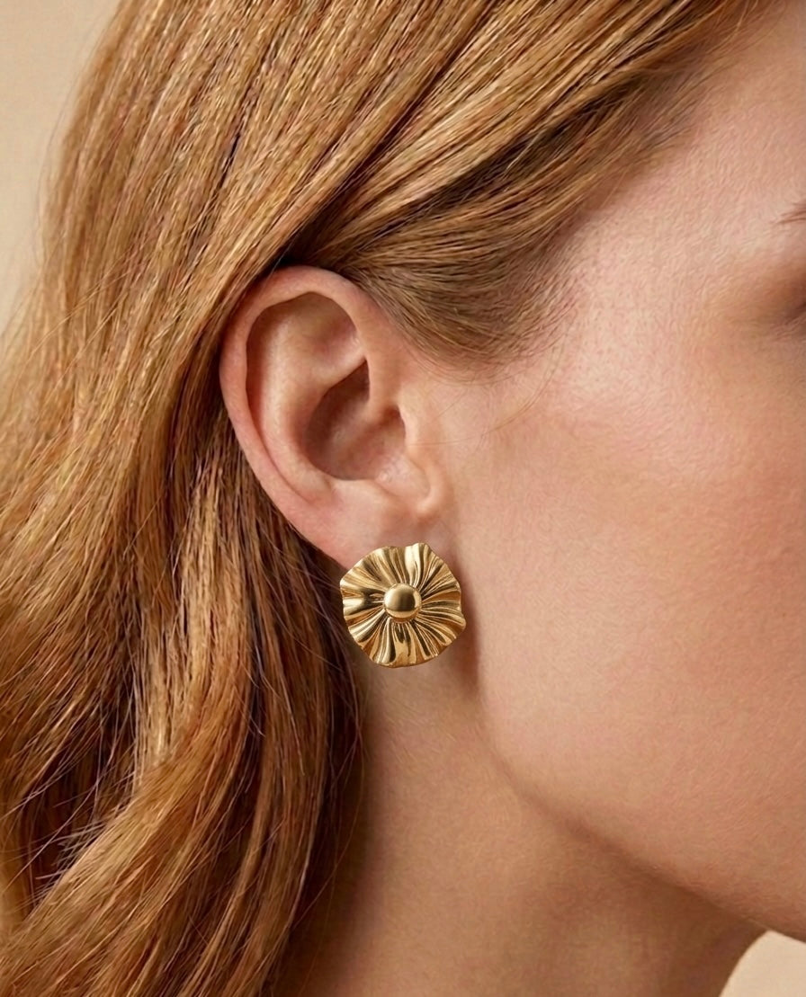 Chic 18K Gold Plated Pleated Floral Stud Earrings