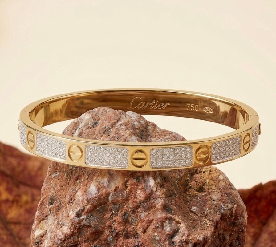 Luxury Crystal-Pave Gold Bangle – Icy Studded Statement Bracelet with Screw Motif