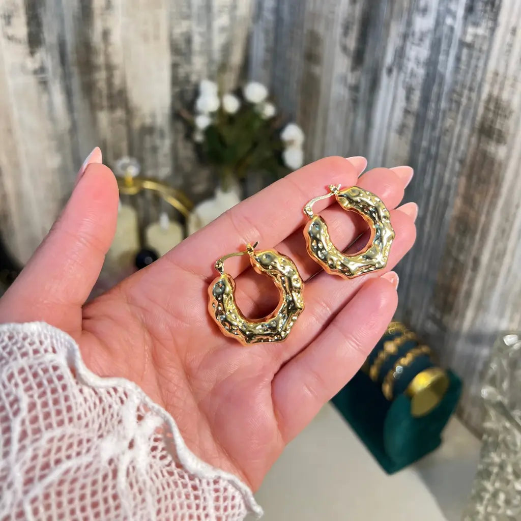 18K Gold Plated Molten Textured Hoop Earrings | Hammered Chunky Gold Hoops for Women - ACERO JEWELS