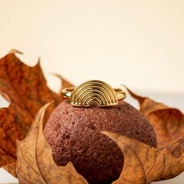 Dainty 18K Gold Plated Rainbow Arch Ring for Women | Minimalist Textured Half-Circle Statement Ring | Tarnish-Free Stainless Steel Everyday Jewelry
