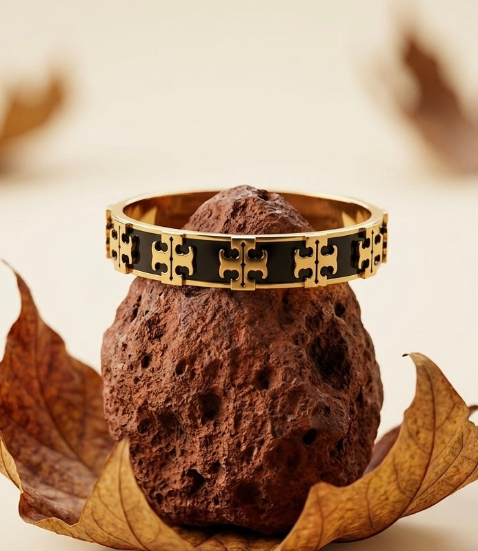 18k Gold Plated Black Enamel Geometric Bangle – Modern "T" Motif Link Bracelet