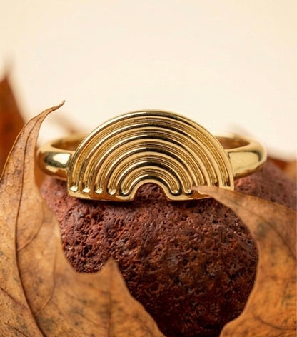 Dainty 18K Gold Plated Rainbow Arch Ring for Women | Minimalist Textured Half-Circle Statement Ring | Tarnish-Free Stainless Steel Everyday Jewelry