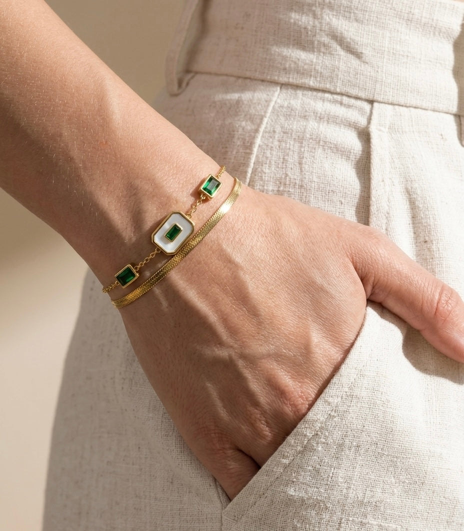18k Gold Plated Emerald & Mother of Pearl Layered Bracelet