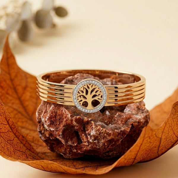 Luxury Tree of Life Gold Bangle – Tarnish-Free Stainless Steel Crystal Bracelet