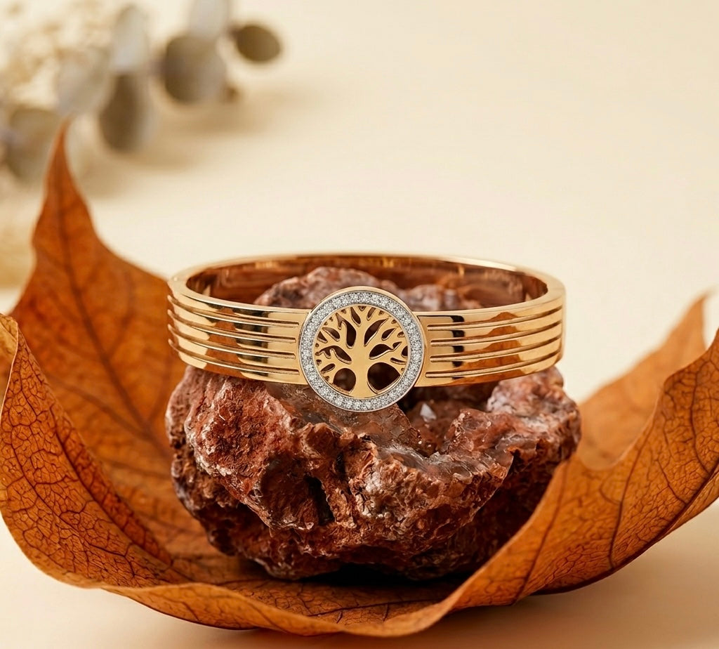 Luxury Tree of Life Gold Bangle – Tarnish-Free Stainless Steel Crystal Bracelet