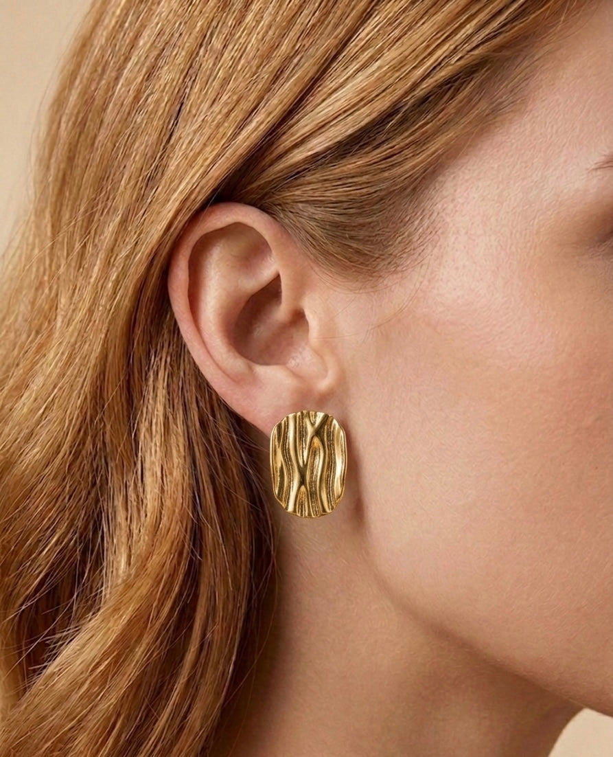 Architectural 18K Gold Plated Rippled Oval Stud Earrings