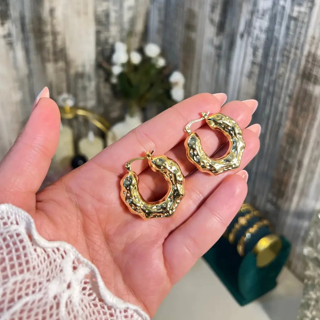 18K Gold Plated Molten Textured Hoop Earrings | Hammered Chunky Gold Hoops for Women - ACERO JEWELS