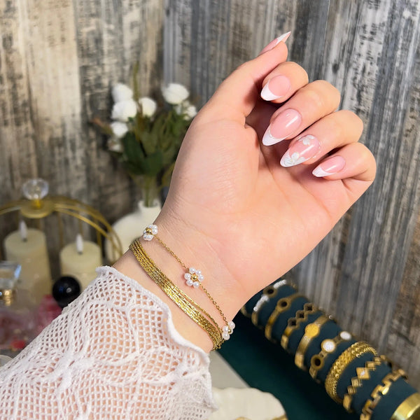 18K Gold Plated Dainty Pearl Flower & Multi-Strand Mesh Bracelet Set | Anti-Tarnish Floral Jewelry