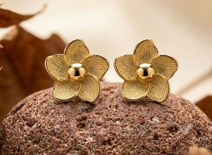Vintage Gold Textured Flower Stud Earrings | Matte Finish Floral Statement Earrings | Retro Botanical Gold Studs for Women | Chic Daily Wear Jewelry