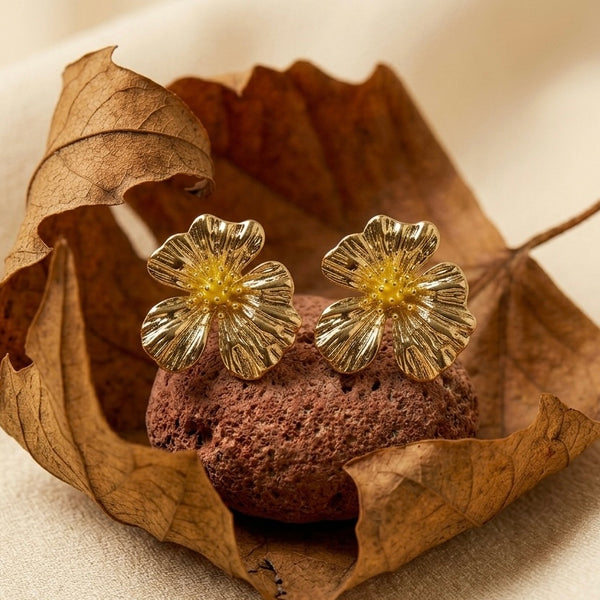 18K Gold Plated Vintage Floral Stud Earrings | Textured 3D Flower Earrings for Women