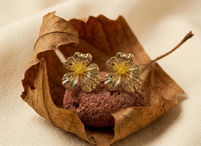 18K Gold Plated Vintage Floral Stud Earrings | Textured 3D Flower Earrings for Women