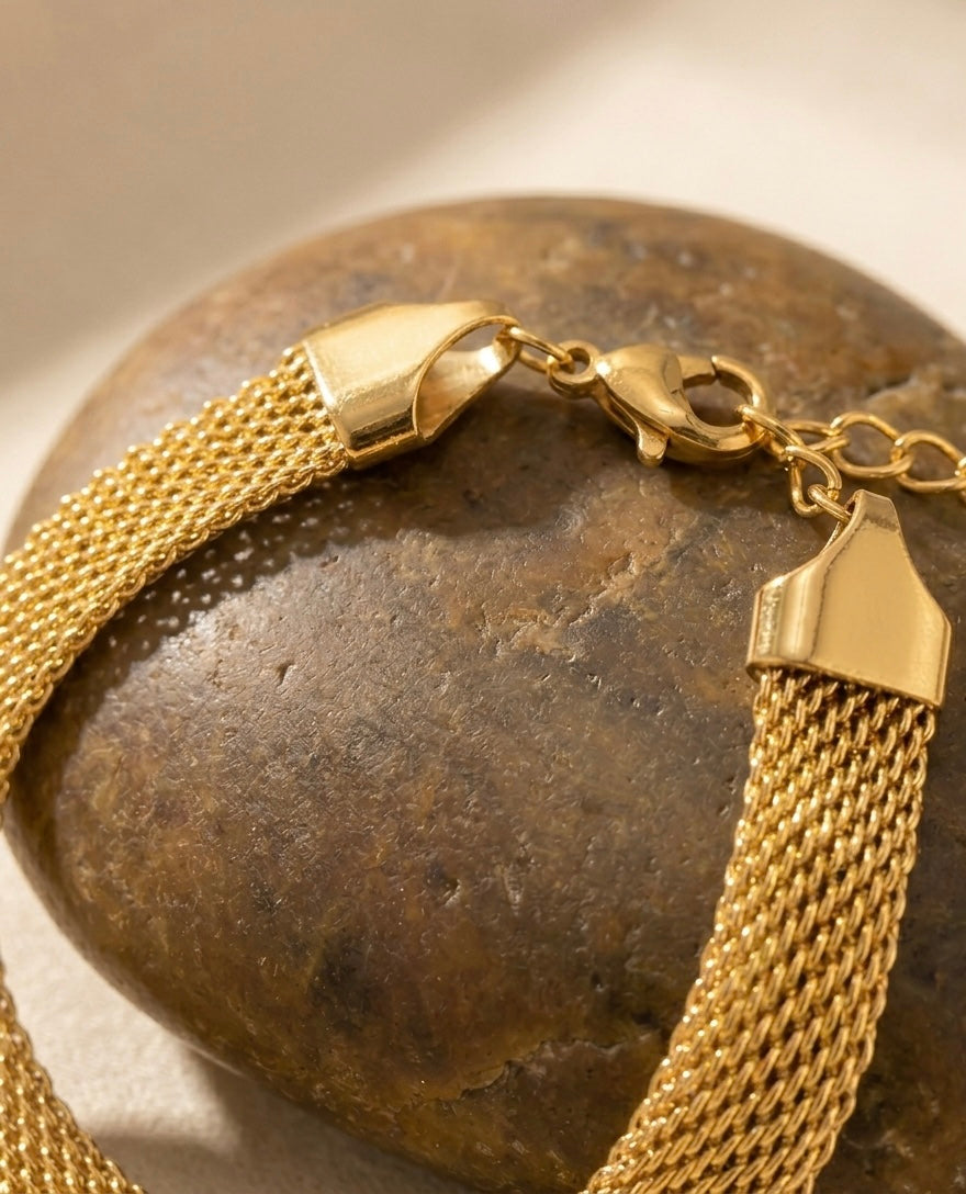 Anti-Tarnish Waterproof Mesh Bracelet - Wide Gold Chain Link Bracelet
