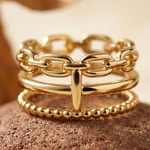 18k Gold-Plated Mixed Link & Beaded Stacking Ring