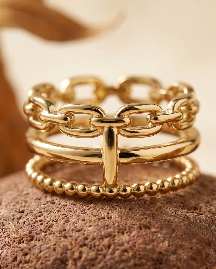 18k Gold-Plated Mixed Link & Beaded Stacking Ring ACERO JEWELS