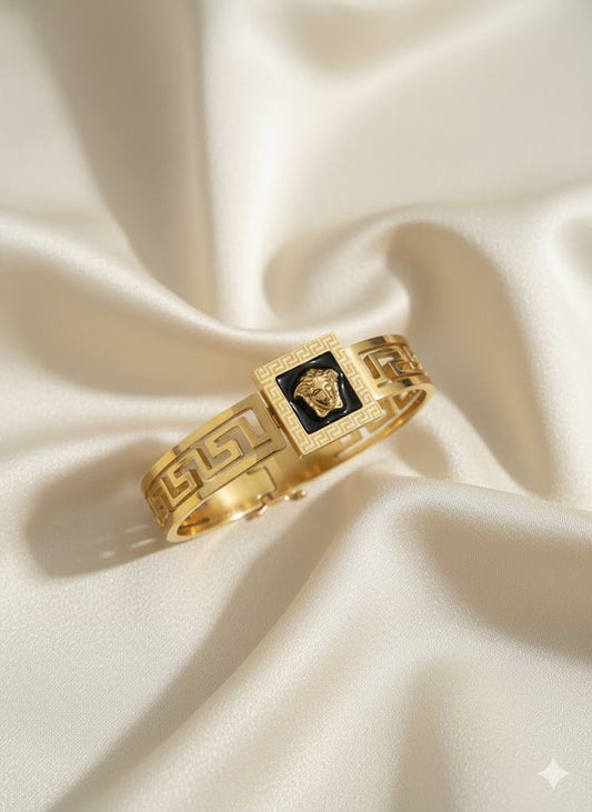 Medusa-Inspired Greek Key Bangle – Luxury Gold Stainless Steel Statement Bracelet