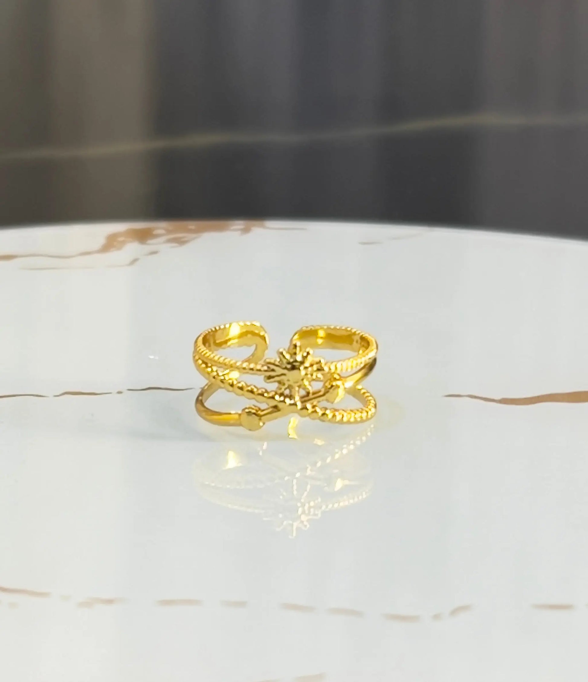 18K Gold Plated Celestial Star Adjustable Ring | Multi-Layer Textured Criss-Cross Band Ring | Dainty North Star Statement Ring for Women | Tarnish-Free Sunburst Jewelry - ACERO JEWELS