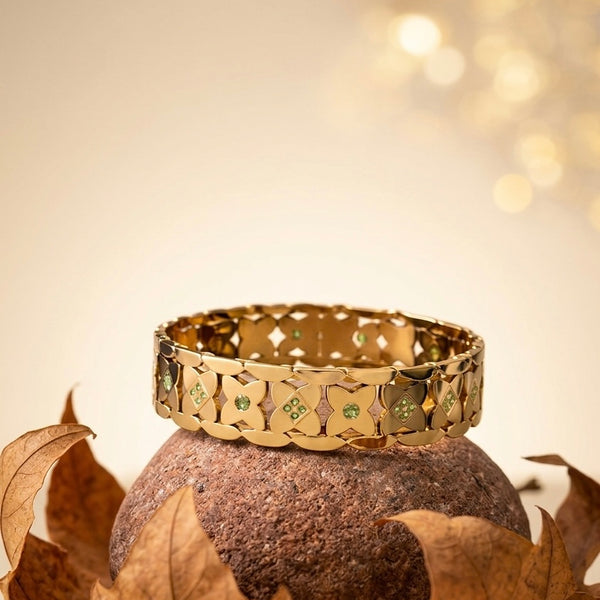 Exquisite 18K Gold Plated Luxury Floral Bangle with Green Crystal Accents