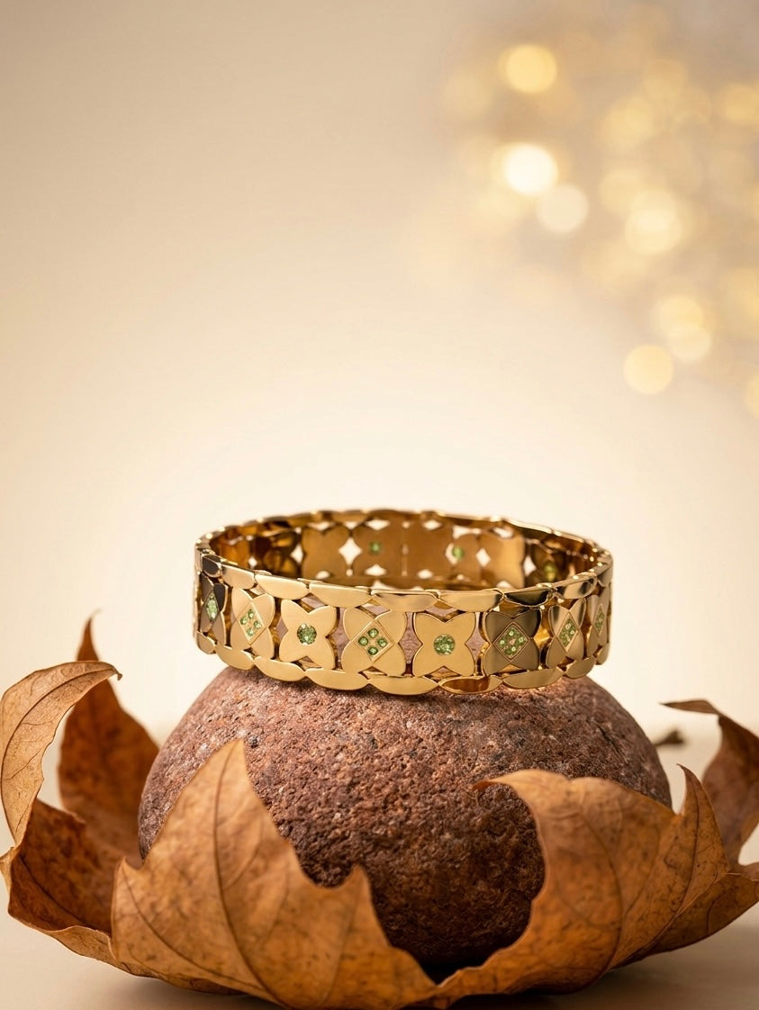 Exquisite 18K Gold Plated Luxury Floral Bangle with Green Crystal Accents