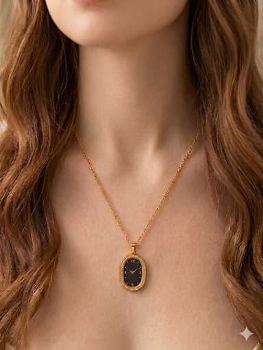 Vintage Oval Clock Pendant Necklace – 18K Gold Plated Minimalist Black Dial Statement Jewelry