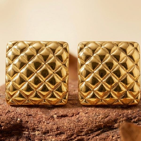 Vintage 18K Gold Plated Quilted Square Stud Earrings