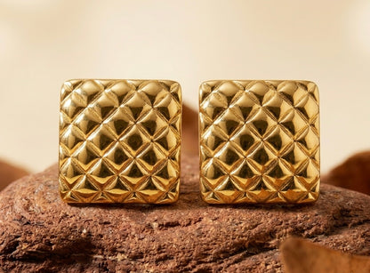 Vintage 18K Gold Plated Quilted Square Stud Earrings