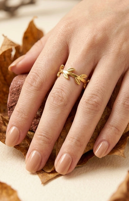 Dainty 18K Gold Plated Laurel Leaf Vine Ring | Minimalist Olive Branch Eternity Band for Women | Waterproof & Tarnish-Free Stainless Steel Nature Jewelry