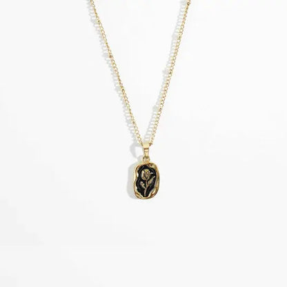 18K Gold Plated Vintage Rose Medallion Necklace | Black Enamel Floral Pendant on Satellite Chain - ACERO JEWELS