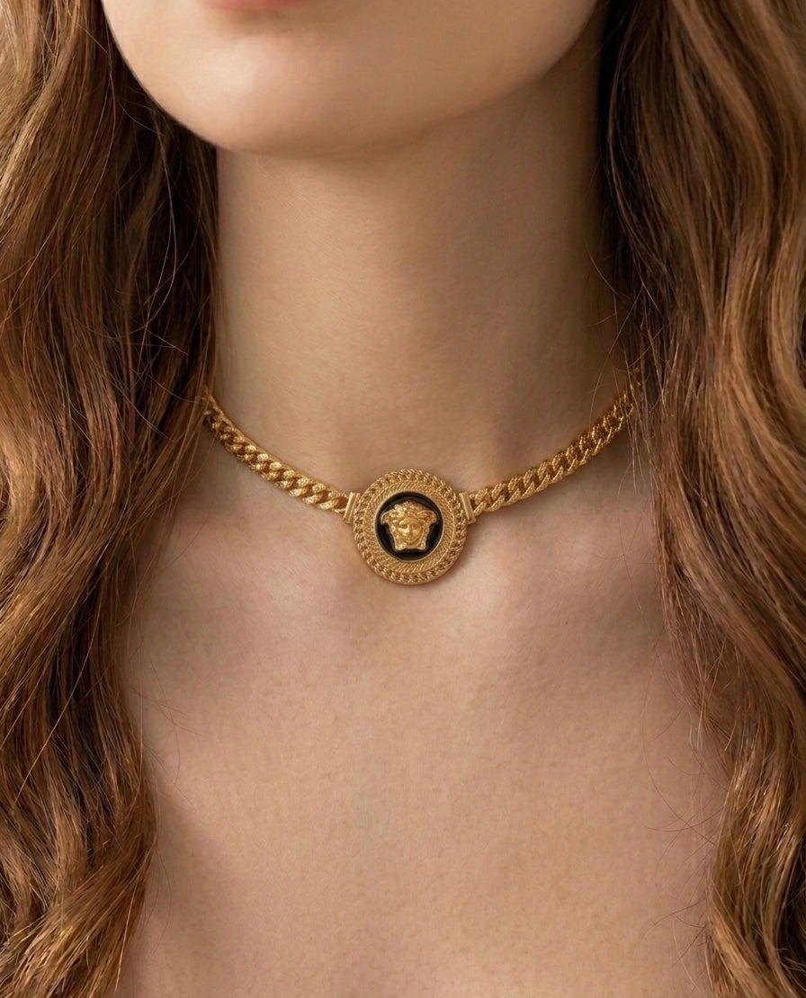 18k Gold Plated Medusa Greco Medallion Necklace