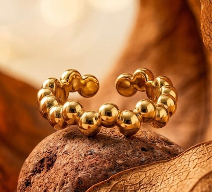 18K Gold Plated Beaded Bubble Adjustable Ring | Minimalist High-Shine Dotted Band Ring | Contemporary Stackable Gold Ring for Women