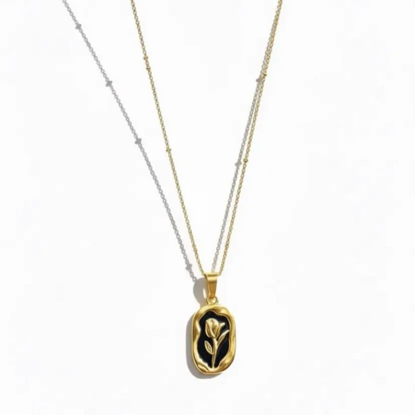 18K Gold Plated Vintage Rose Medallion Necklace | Black Enamel Floral Pendant on Satellite Chain