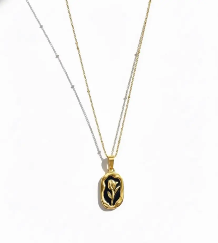 18K Gold Plated Vintage Rose Medallion Necklace | Black Enamel Floral Pendant on Satellite Chain - ACERO JEWELS