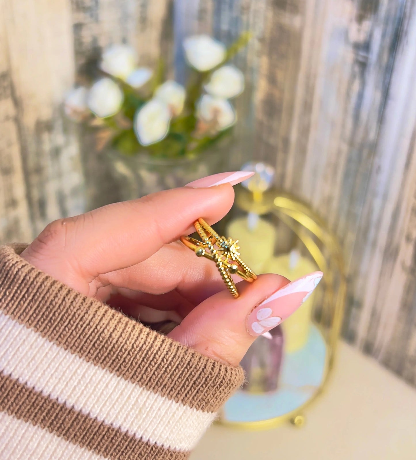 18K Gold Plated Celestial Star Adjustable Ring | Multi-Layer Textured Criss-Cross Band Ring | Dainty North Star Statement Ring for Women | Tarnish-Free Sunburst Jewelry - ACERO JEWELS