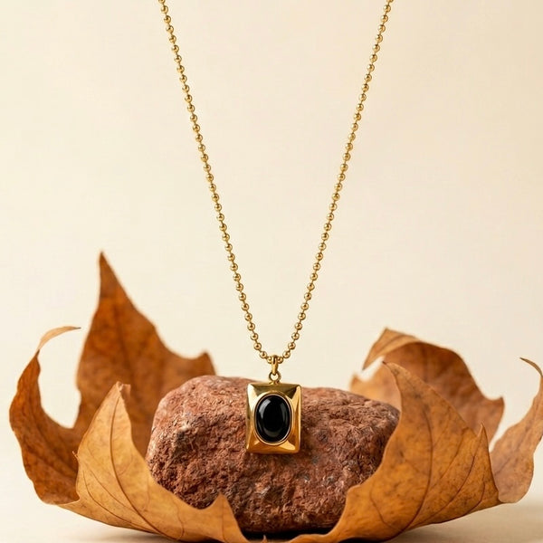 18K Gold Plated Black Oval Medallion Necklace