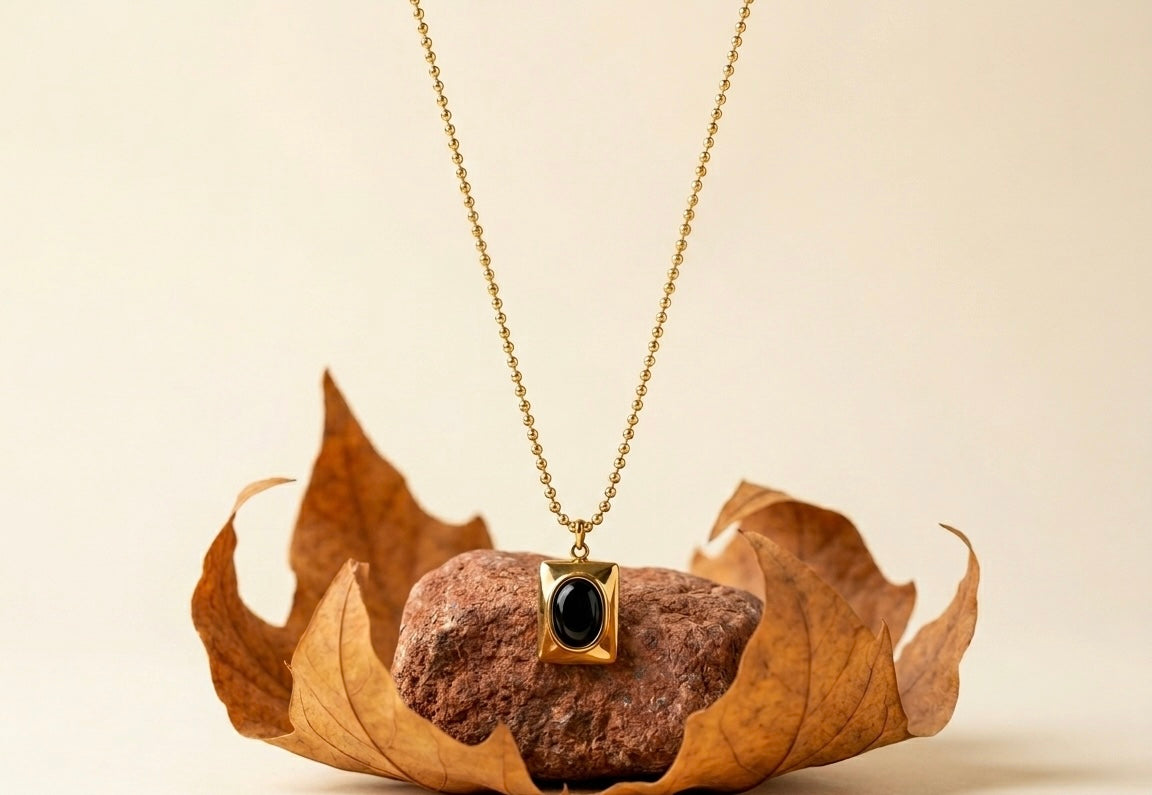 18K Gold Plated Black Oval Medallion Necklace