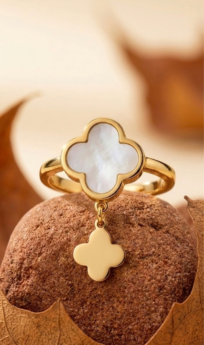 Elegant 18K Gold Plated Mother of Pearl Style White Clover Dangle Ring | Designer Alhambra Inspired Charm Ring | Tarnish-Free Stainless Steel Floral Jewelry