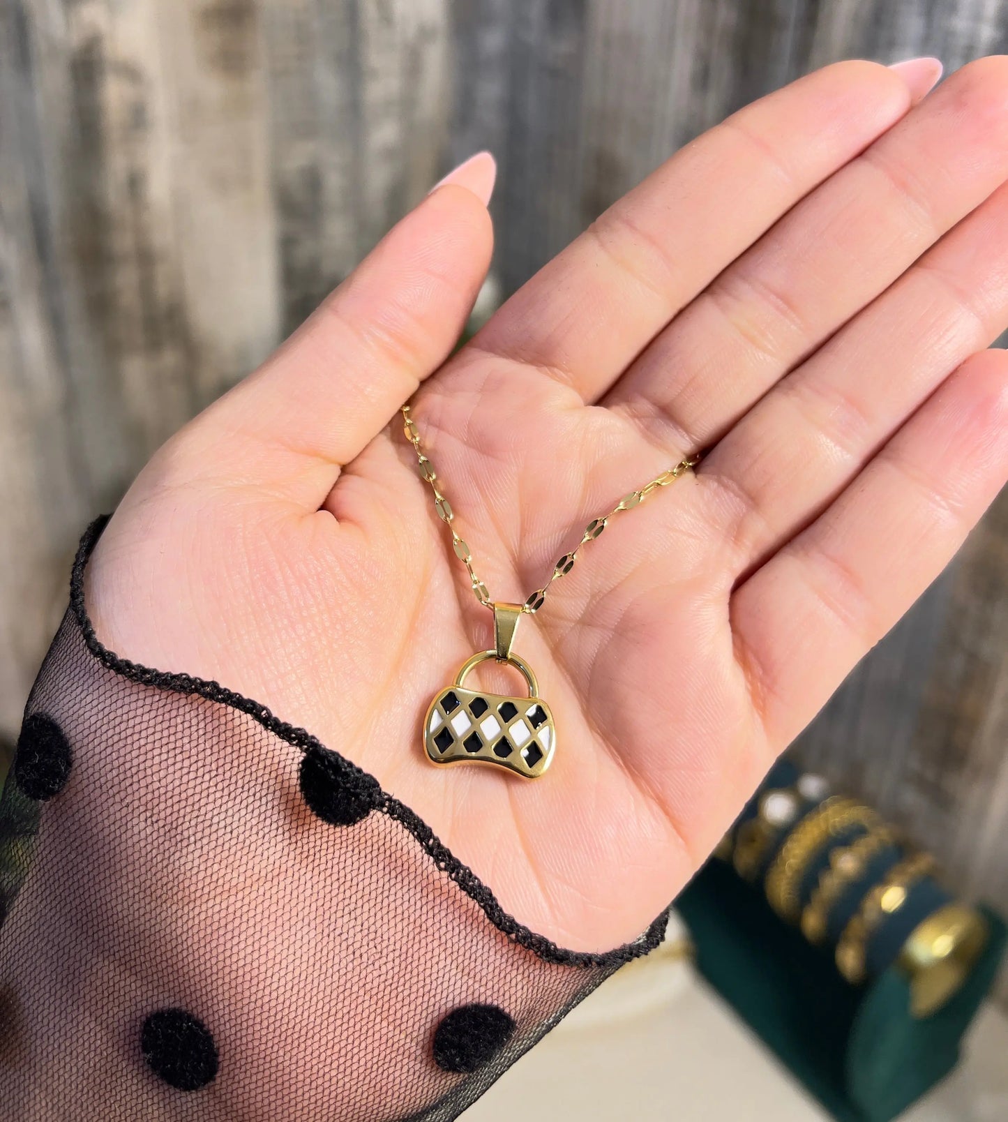 18K Gold Plated Mini Handbag Pendant Necklace | Checkered Enamel Purse Charm on Gold Chain - ACERO JEWELS
