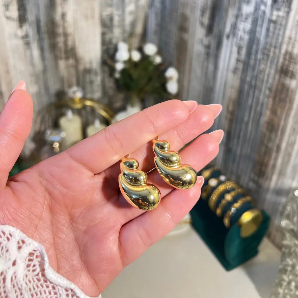 18K Gold Plated Bold Croissant Shell Drop Earrings | Chunky Ribbed Teardrop Statement Earrings | High-Shine Modern Gold Dangles for Women - ACERO JEWELS