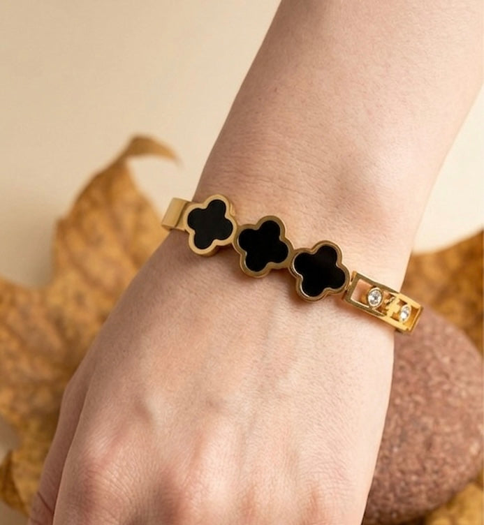 Triple Black Clover Gold Bangle Bracelet