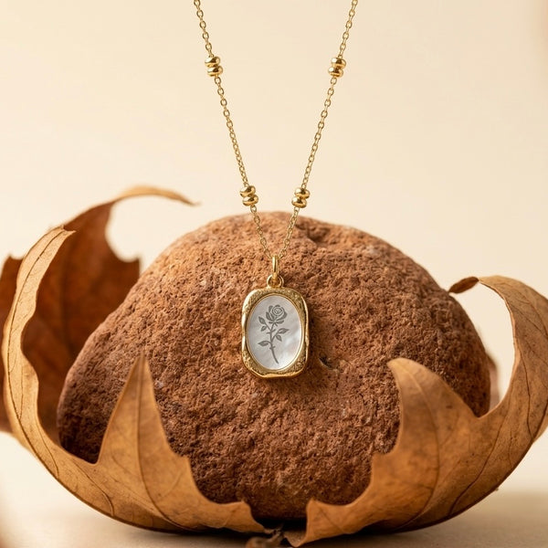 18K Gold Plated Dual Rose Medallion Necklace | Double Oval Pendant with Beaded Satellite Chain