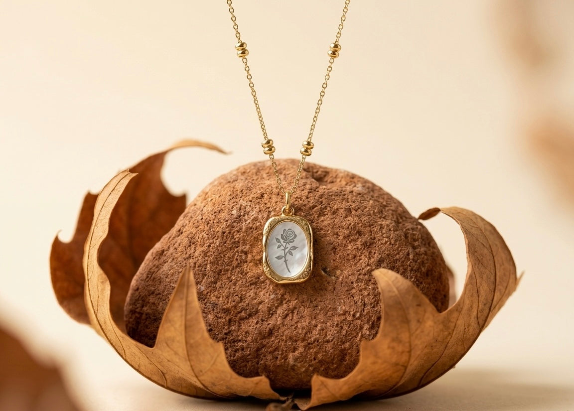 18K Gold Plated Dual Rose Medallion Necklace | Double Oval Pendant with Beaded Satellite Chain