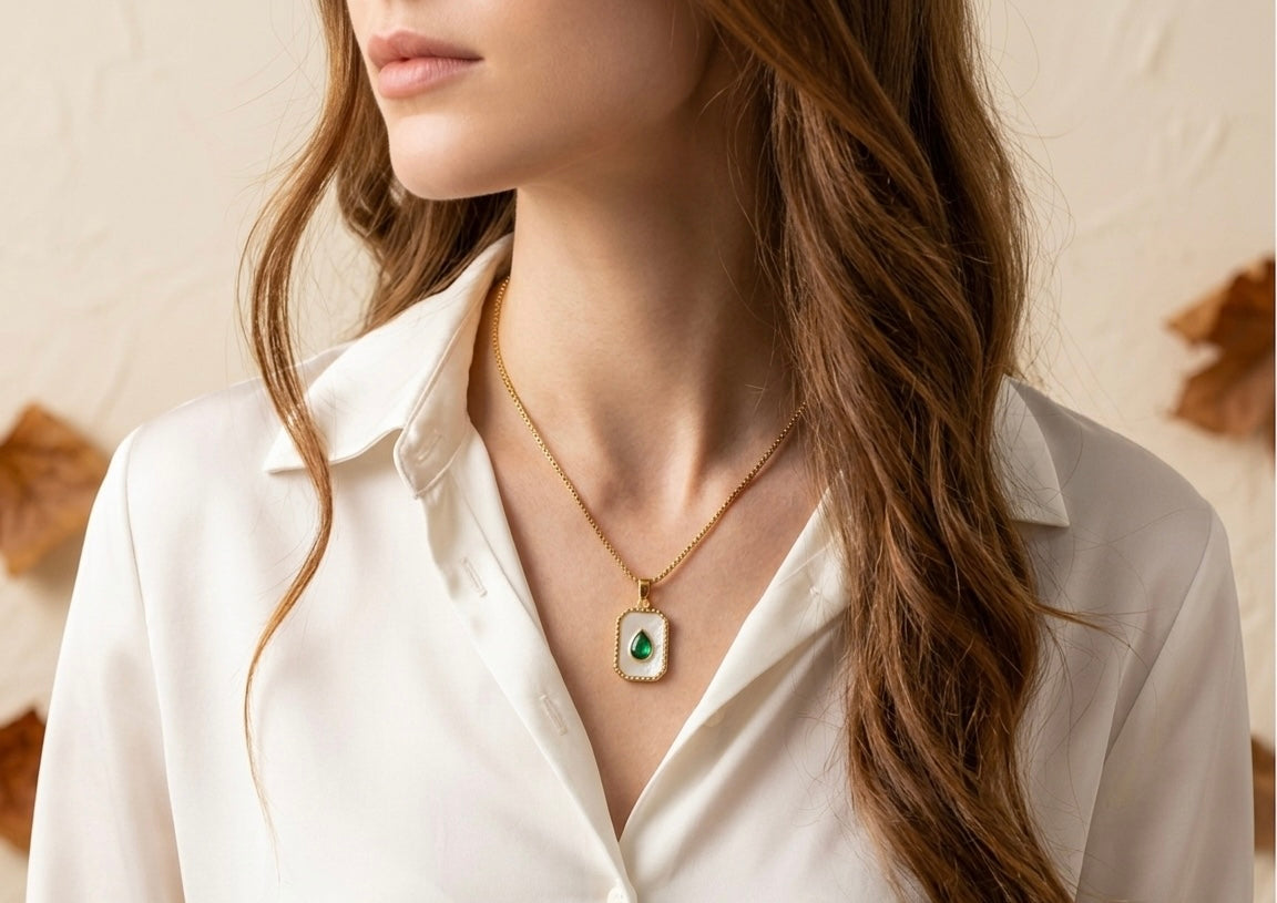 18K Gold Plated Emerald Green Teardrop Necklace | Vintage Rectangular Medallion with Pearl Inlay