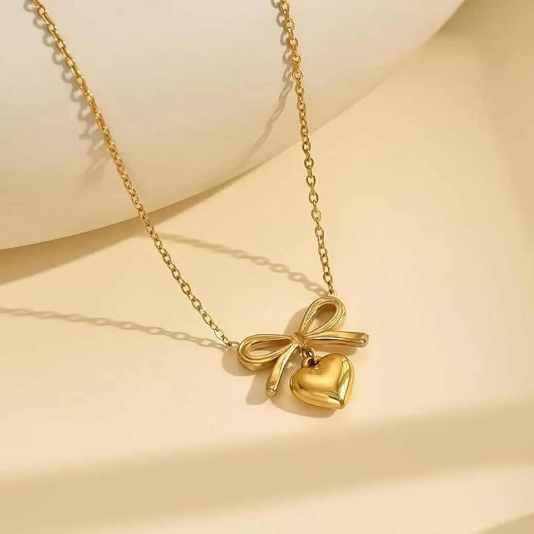 18K Gold Plated Bow and Heart Necklace | Dainty Ribbon Pendant with Puffed Heart Charm - ACERO JEWELS